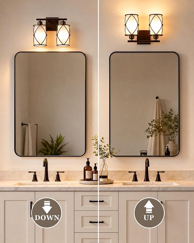 2-Light Oil Rubbed Bronze Bathroom Light Fixtures Over Mirror, 13.2" UL-Listed Modern Farmhouse Wall Sconce Lights with Milk White Frosted Glass and Metal Cage for Bath, E26, CH9176ORBW-2W