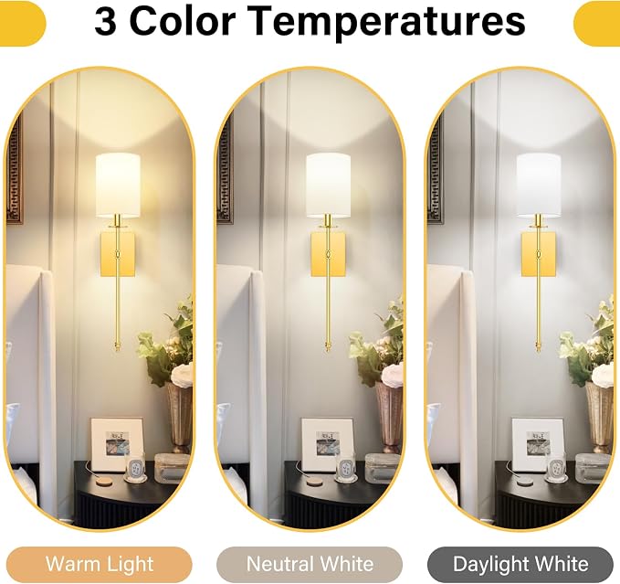Battery Operated Wall Sconces Set of 2, Rechargeable Sconces with Remote | Gold Wall Lights with White Fabric Shade, Dimmable Wireless Wall Lamp with RGBWW Bulbs for Bedroom Living Room Hallway Decor