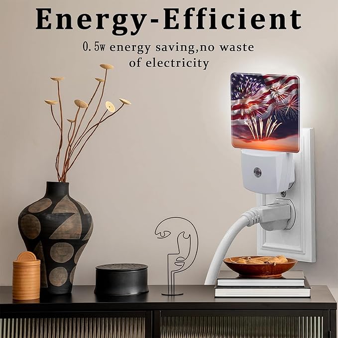 America Flag with Fireworks Night Light Plug into Wall,Retro The USA Flag Patriotic Dusk to Dawn Night Light,0.5w Energy Saving Sleep Friendly Nightlights for Kids Boys Girls Home