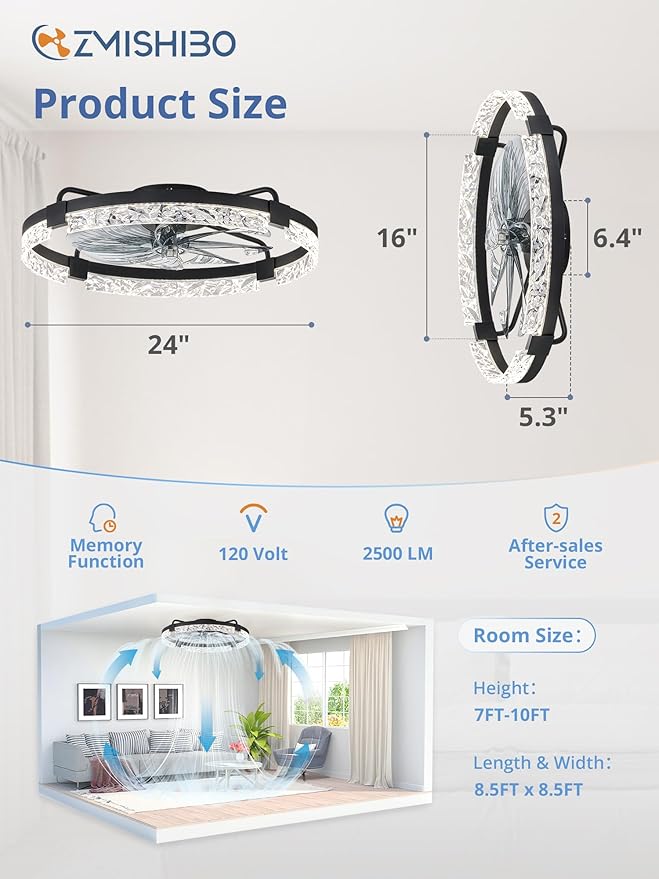 ZMISHIBO 24 Inch Ceiling Fans with Lights, Flush Mount Remote & App Control | 3CCT Dimmable LED, DC Motor, Bladeless, Reversible Blade, 6 Speeds, Modern, Low Profile, Enclosed, Bedroom, Kids, Girl, Adult