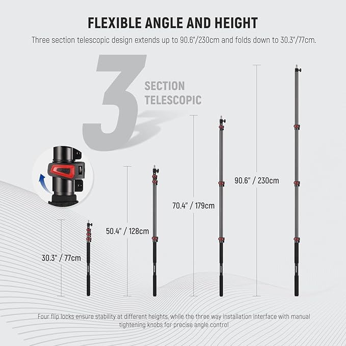 NEEWER 7.5ft/230cm Handheld Light Stand, Portable Telescopic Aluminum Photography Lighting Stand with 1/4" 3/8" 5/8" Screw/Flip Lock/Shoulder Strap for Strobe Light Flash, Max. Load 11LB/5KG, MS-230C | Handheld Light Stand, 1/4" 3/8" 5/8" Screw, Flip L...