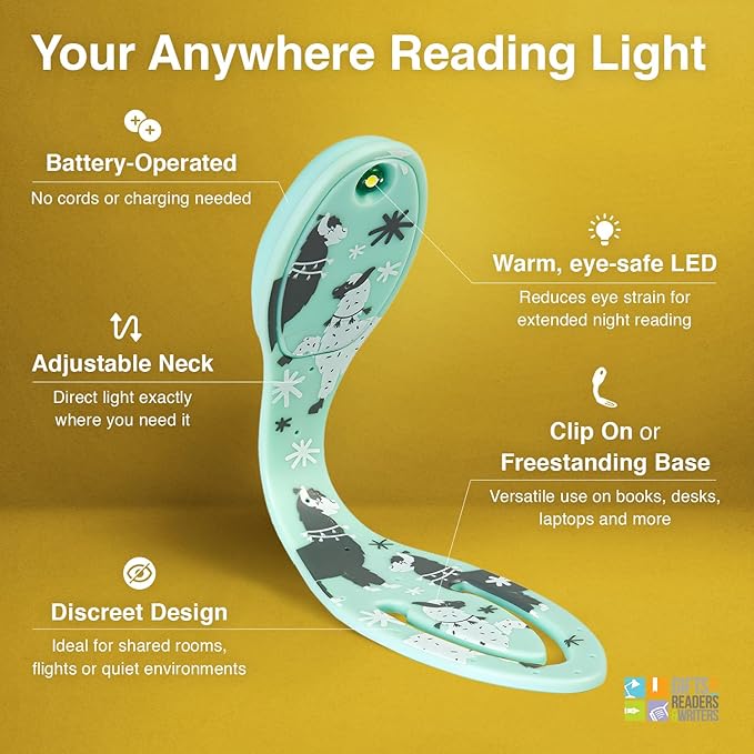 Gifts for Readers & Writers Book Light, Clip On Reading Light for Bed, 2in1 Flexilight & Bookmark, Small & Lightweight with a Soft Glow, 2 Batteries Included, Llama