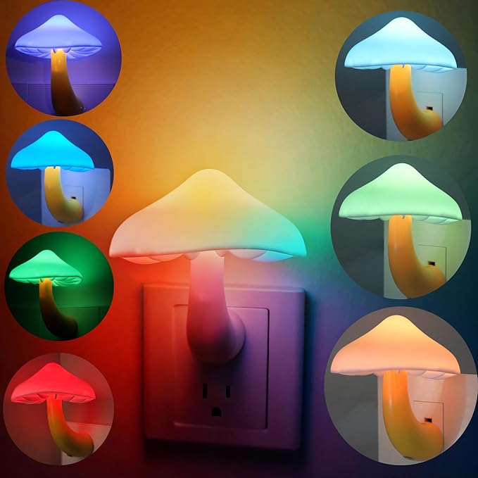 LED Mushroom Night Light Plug in Lamp, Light Sensor Night Lights Plug into Wall, Dusk to Dawn Sensor Night Light for Adults Kids Room Bedroom Bathroom Hallway Kitchen (1, Color Changing)