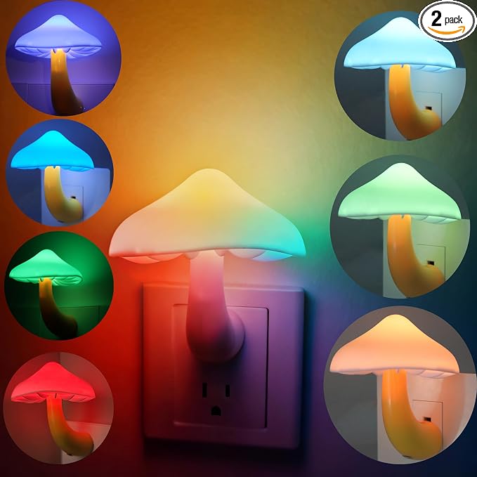 LED Mushroom Night Light Plug in Lamp,2 Pack Color Changing Light Sensor Night Lights Plug into Wall, Decor Night Light for Kids Adults Room Bedroom Bathroom Hallway Kitchen