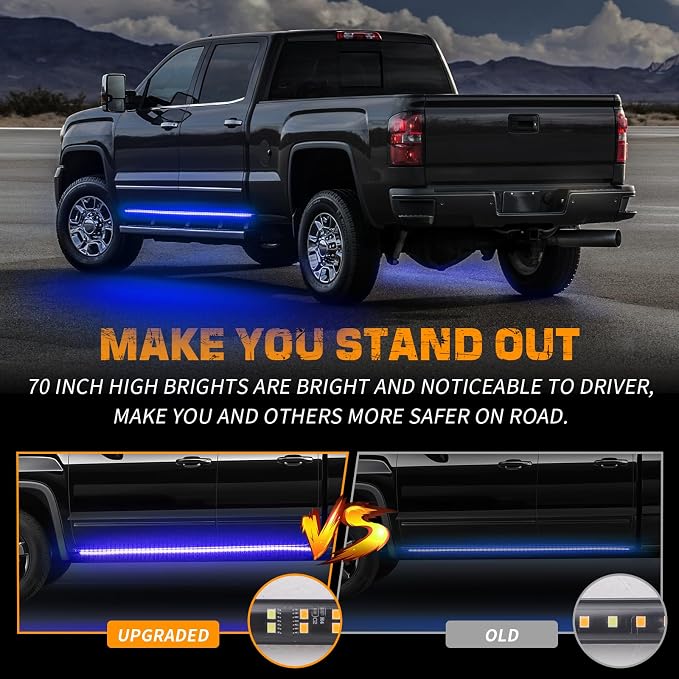 2 Pack 70 inch Blue Emergency Lights 864 LED Running Board Lights | Flashing Warning Hazard Safety Strobe Light Strip w/ Waterproof Flexible tube for Vehicles Trucks Pickup