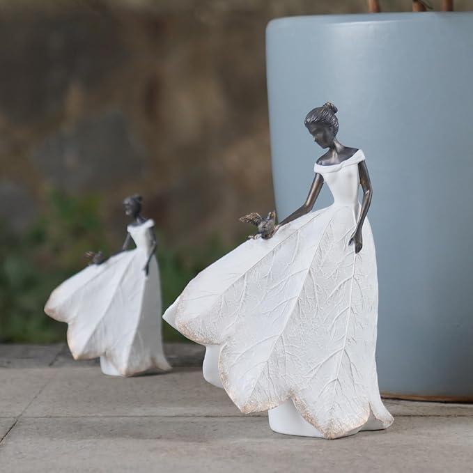 Guichifun Fairy Statue, White, 8.5 x 5.25 x 12 Inch | Leaf Angel Girls With Bird, Resin, Indoor Outdoor Yard Decorations, Figurines, Retirement Gift