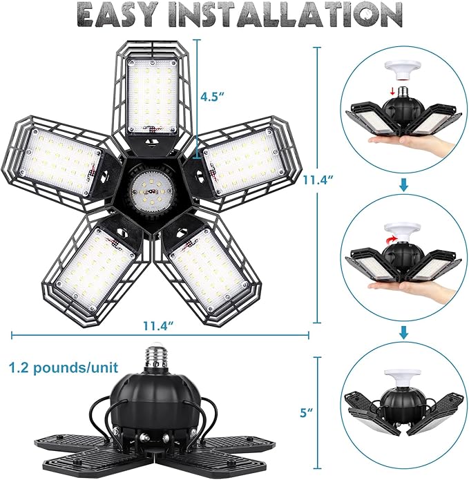 LED Garage Lights 2 Pack,Ceiling LED Shop Light 160W 16000LM 6500K Screw in Led Light with 5+1 Deformable Panels, Bright Led Lighting for Garage Workshop Basement Support E26/E27 Socket