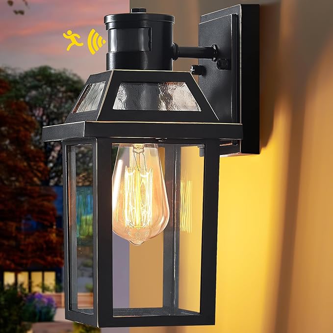 Motion Sensor Porch Light, Dusk to Dawn Outdoor Wall Light, Black, 1 Pack | 3 lighting modes waterproof exterior fixture black wall mount design for front door garage patio and house entry