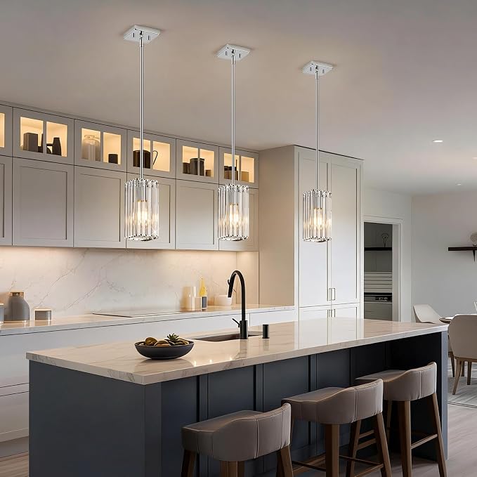 Modern Crystal Pendant Lights Kitchen Island, 3-Pack Chrome Hanging Light with Clear Crystal Shade, Adjustable Height Pendant Lighting for Kitchen Island Dining Room Bedroom Bar Entryway