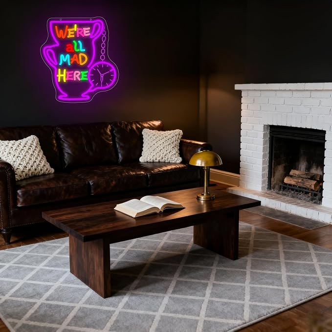 We All Mad Neon Sign for Wall Decor Fairy Tale LED Light for Man Cave | Dimmable fairy tale neon light, bedroom, living room tea party gothic decor, birthday gifts for fans, size 14.3*13.0 in
