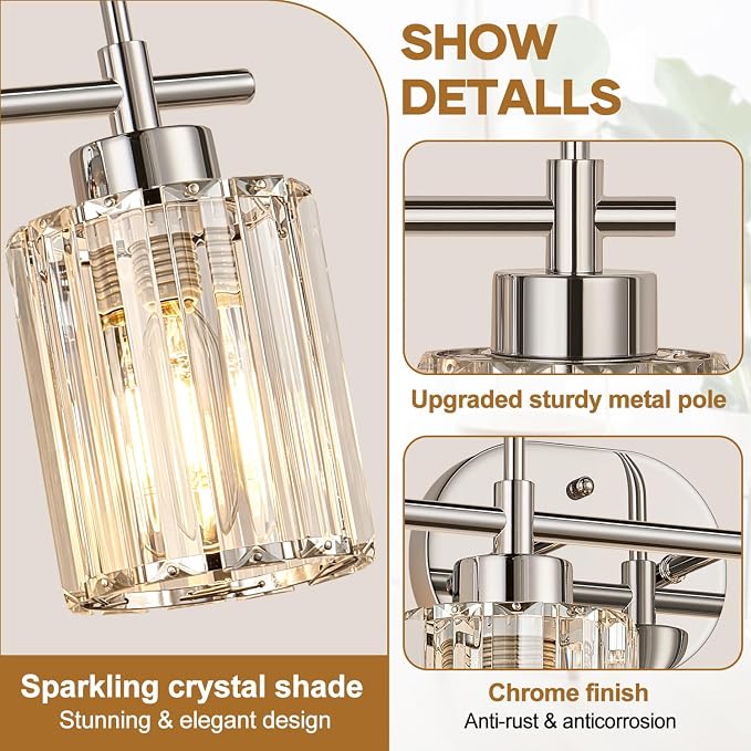 Modern K9 Crystal Bathroom Vanity Light Fixtures, 4-Light Chrome Vanity Lighting Over Mirror, Clear Crystal Shades, Modern Bathroom Light for Bedroom Living Room Hallway Dressing Room