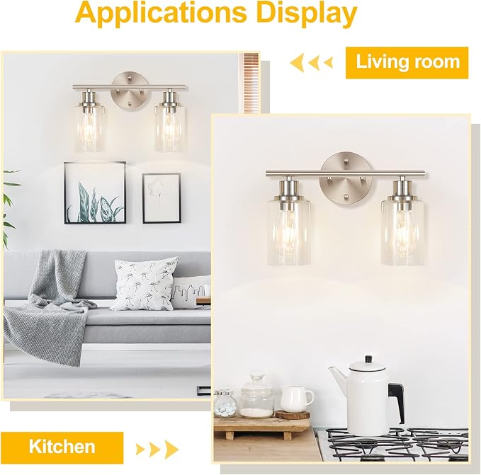 2-Light Wall Light Fixture, Bathroom Vanity Light Over Mirror | Wall Sconce Light Fixture with Clear Glass Shade Brushed Nickel Modern Metal Wall Lights for Hallway Bedroom Living Room