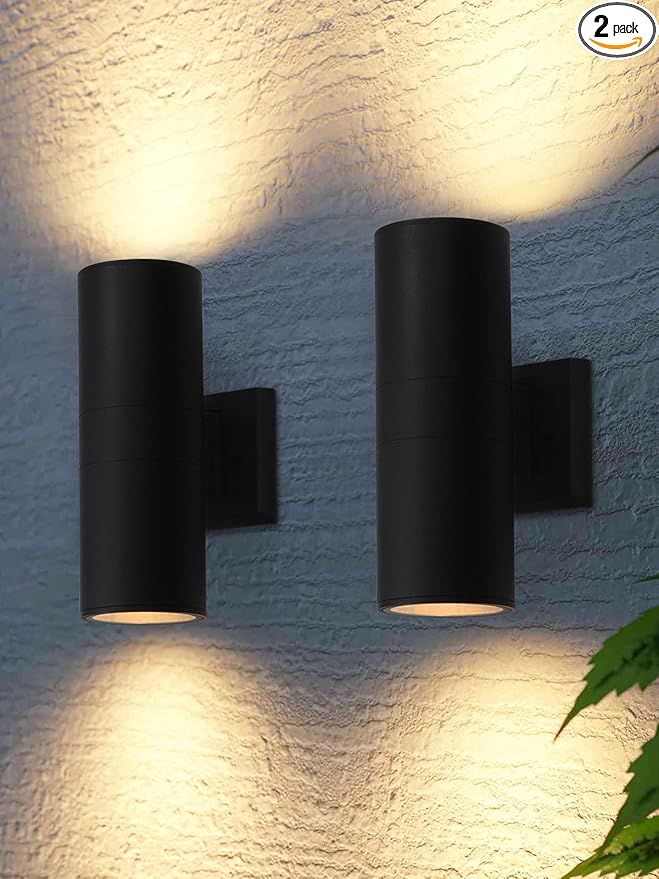 LEONLITE Modern Outdoor Cylinder Wall Lights 12", Porch Light in 2 Lights, Up Down Lights, Matte Black Waterproof Wall Sconce, Aluminum, E26 Base, Exterior Light Fixture Wall Mount, ETL, Pack of 2