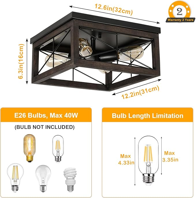 Wooden Flush Mount Ceiling Light, 4-Light Rustic Farmhouse Light Fixtures, Industrial Square Ceiling Light Fixture with E26 Socket for Kitchen Entryway Living Room Dining Room Bedroom