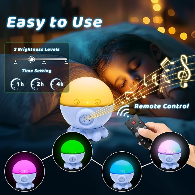 Cute Octopus Night Light Projector,17 Light Modes Ocean Star Projector with 360° Rotation, 3 Projection Films and 9 Lullaby Songs,Night Lamp with Remote and Timer,Gifts for Family and Friends (Blue)