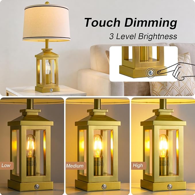24" Table Lamps for Living Room Bedroom Modern Gold Bedside Lamps Set of 2 Nightstand Lamps for Night Stands 3 Way Dimmable Touch Lamp with USB C+A Ports and 2 Light Sources, 4 Bulbs Includes