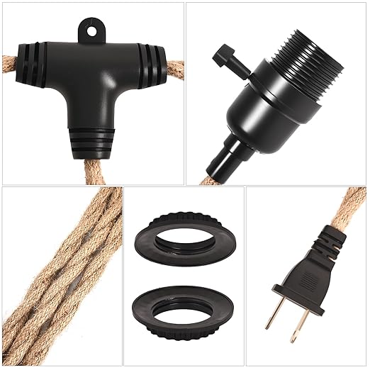 Hanging Lamp Kit with 3 Light Plug in Pendant Light Cord, 23FT Hemp Rope Hanging Lights Fixture with 2 Way Switch, Bulb Not Included