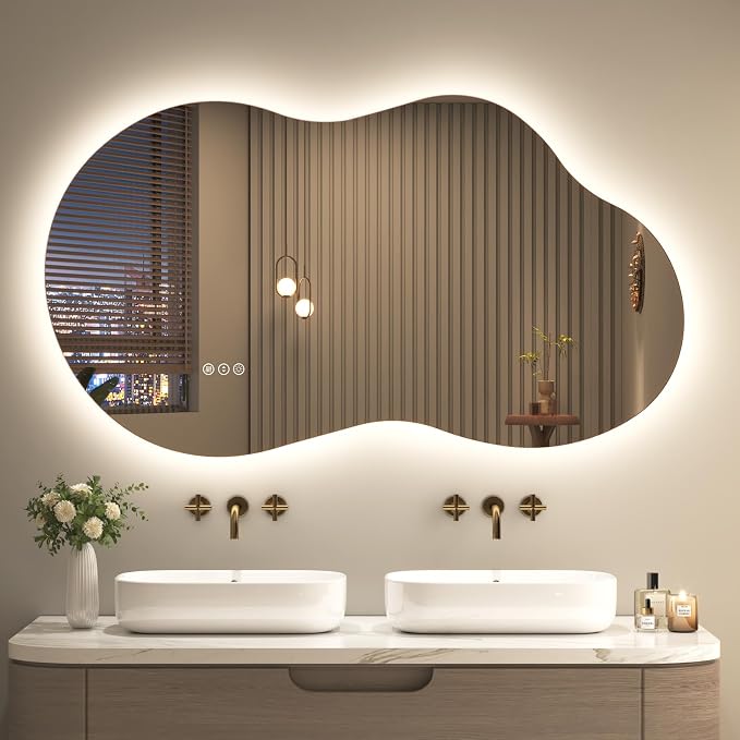 SMIROR 48x26 Irregular Backlit Led Lighted Bathroom Vanity Mirror | Asymmetrical, Cloud Shape, Anti-Fog, 3 Colors, Dimmable, Memory, Tempered Glass, UL