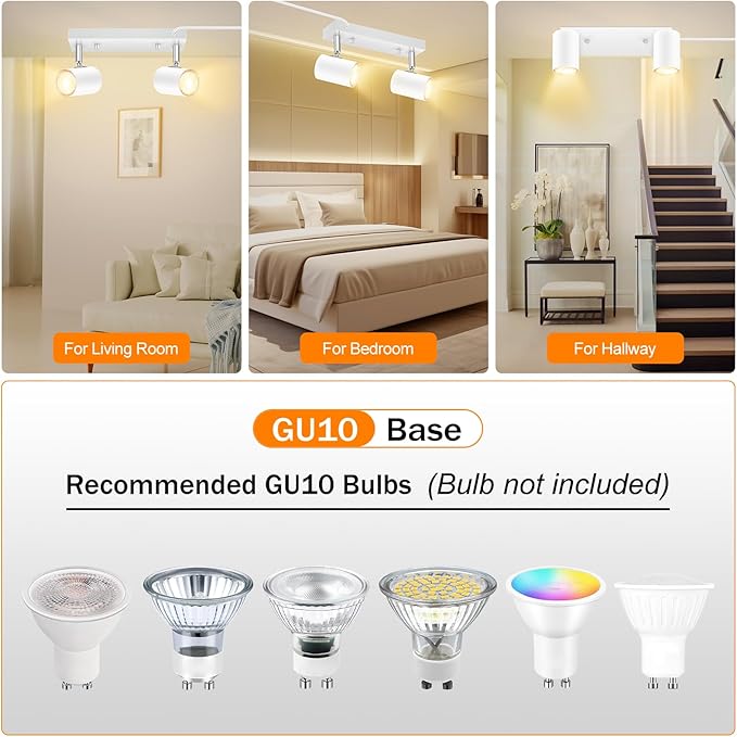2 Light Track Lighting Kit,White 2 Way Flexible Plug in Ceiling Spotlight,Industrial LED Wall Light for Kitchen Cabinet Gallery Bar Hallway Living Room,Rocker Switch,15 ft Cord(No Bulb)