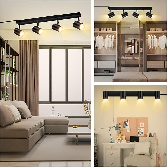 4 Light Track Lighting Kit,Black 4 Way LED Plug in Ceiling Spotlight,Industrial GU10 Wall Light for Kitchen Cabinet Gallery Bar Hallway Living Room,Rocker Switch,15 Foot Cord(No Bulb)
