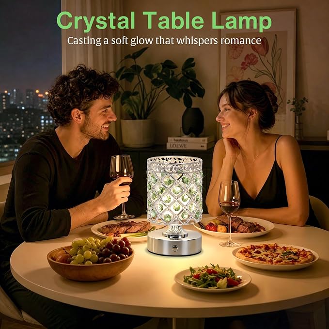 Green Crystal Rechargeable Cordless Table Lamp, Touch Small Desk Lamp | 6000mAh Battery, 3 Color Temps, Stepless Dimming, USB Charging, Portable Wireless Night Light for Bar Bedroom Living Room