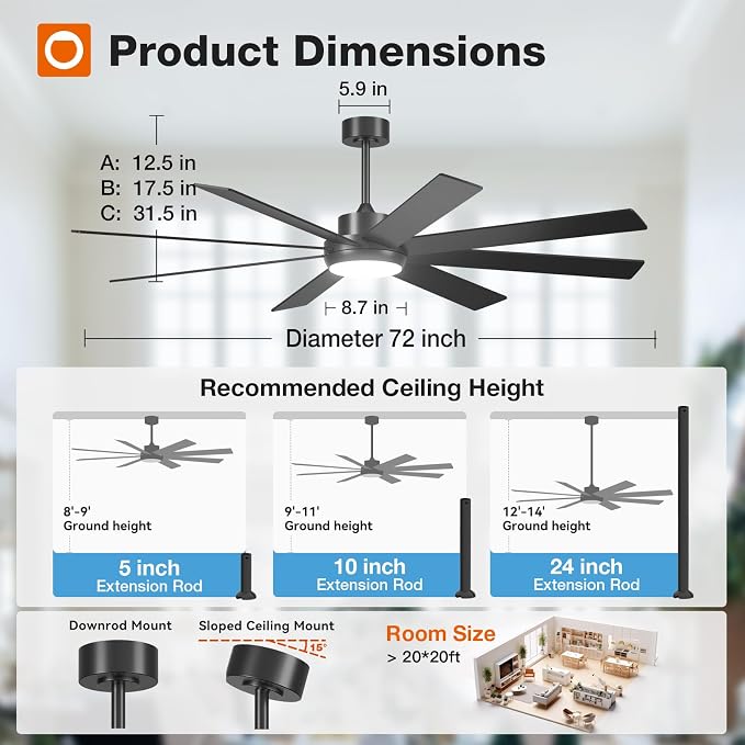 addlon 72 Inch Lagre Ceiling Fans with Lights and Remote Control,Black | Dimmable & 5CCT, Quiet 6-speed Reversible DC motor, Dual-Sided Blades, Bedroom, Covered Outdoor Spaces