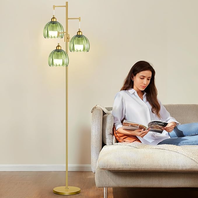 Gold Floor Lamps for Living Room Bedroom-3 Light Glass Floor Lamp with Three Led Bulb, Flower Tall Floor Lamp Dimmable Mid Century Modern Standing Lamp Vintage Tree Floor Lamps for Bedroom Corner