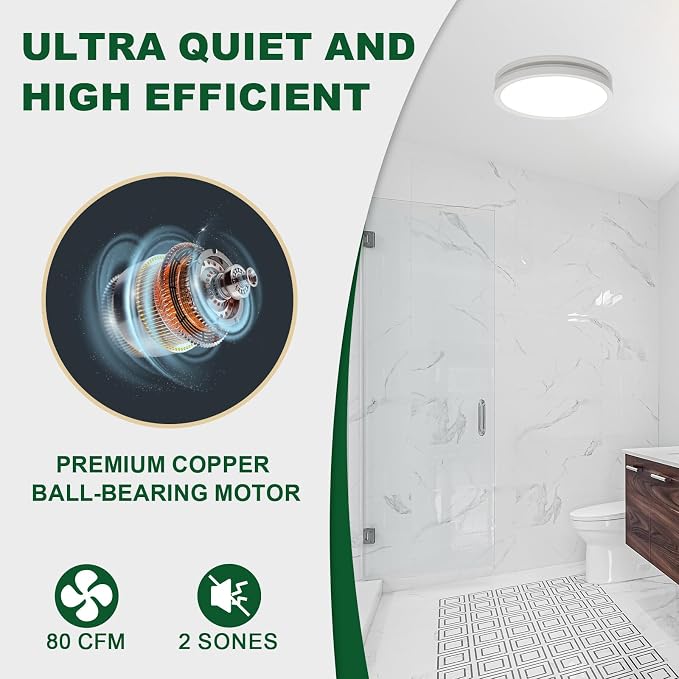 Akicon Bathroom Exhaust Fan with Light, 80 CFM 2.0 Sones Bathroom Fan for Ceiling, 3CCT 15W Dimmable LED Light and 3.5W Nightlight Vent Fan Combo for Home, Round, White