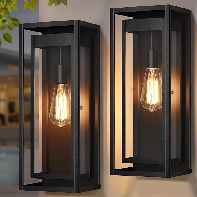 19" Large Outdoor Wall Light Fixtures, Black Porch Light, 2 Pack | Large Size, Anti-Rust, Waterproof, Tempered Glass, Easy Installation, Modern Exterior Sconces for House Entryway Garage