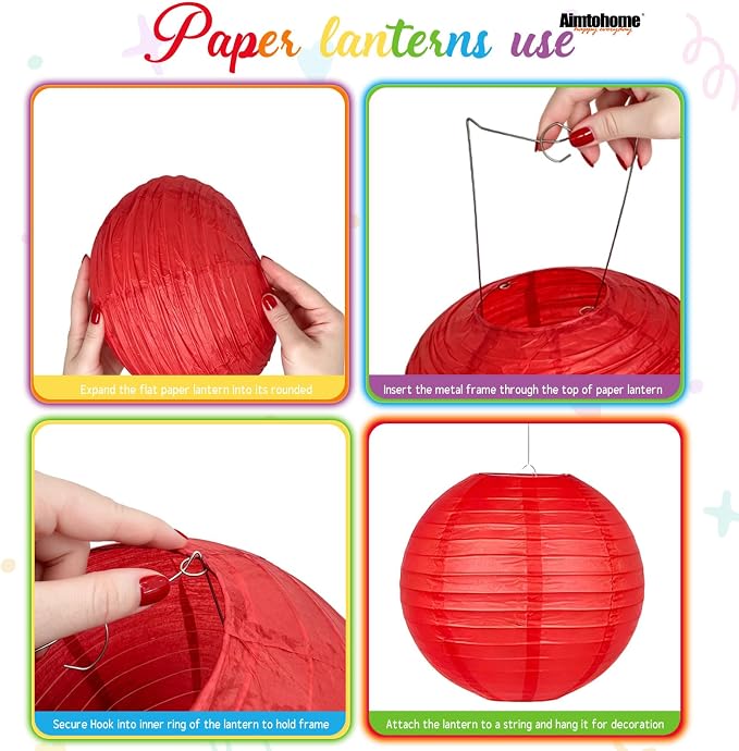 Colorful Paper Lanterns Set (12 Pcs) - 6/8/10 Inch Purple, Orange Red,Blue,Yellow, Red,Green Round Hanging Paper Lanterns for Rainbow Party, Carnival Celebration, Back to School Decor
