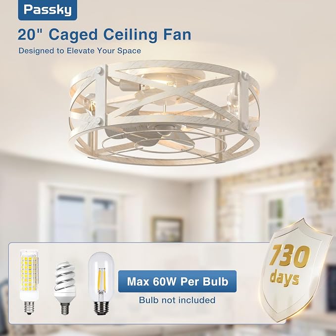 Passky 20" Caged Ceiling Fans with Lights and Remote, Low Profile Fandelier | Reversible DC Motor, 1/2/4H Timer, 6 Speeds, Farmhouse Style, Quiet Operation, for Bedroom, Kitchen, Dining Room, Living Room