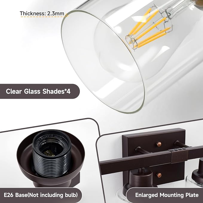 Oil Rubbed Bronze Vanity Lights for Bathroom,4-Light 24" | Bathroom Light Fixtures,Modern Bronze Bathroom Lighting over Mirror,Clear Glass Shades,over Sink
