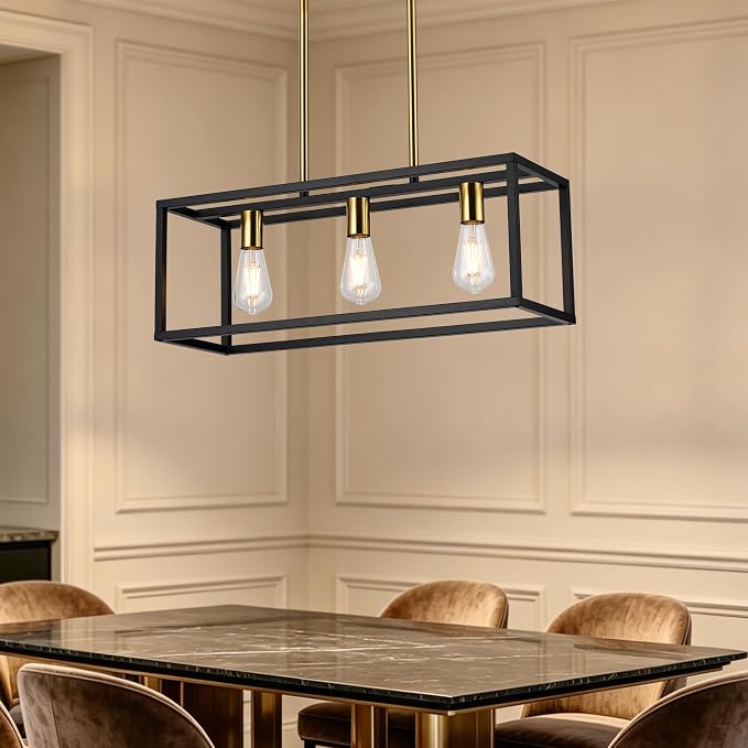 Farmhouse Kitchen Island Lighting, Modern Industrial Chandelier, 3-Light Black&Brushed Brass Linear Rectangular Pendant Light Fixtures for Farmhouse Kitchen Dining Room Bar Foyer