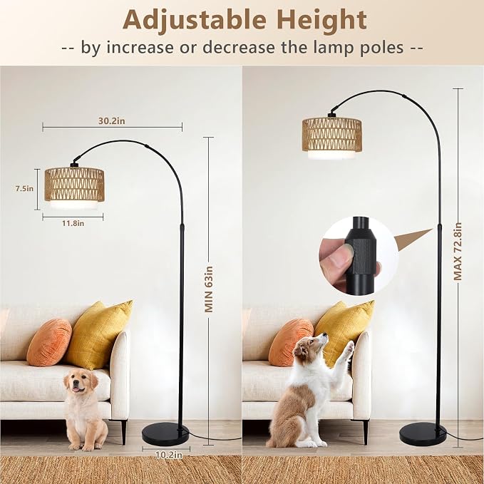 eyassi Arc Floor Lamp with Remote, Modern LED Floor Lamp with Dimmable Bulb, Boho Farmhouse Standing lamp with Fabric & Rattan Lampshades, Height Adjustable Black Tall Lamp for Living Room Bedroom