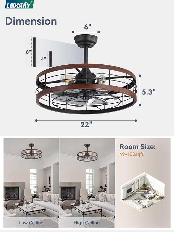 LEDIARY 22 inch Caged Fandelier Ceiling Fan Light with Remote, Walnut | 6 Speed Adjustable,Timing, Quiet & Powerful DC, Small, Farmhouse, Industrial, Enclosed, Bladeless, Bedroom, Kitchen, Downrod