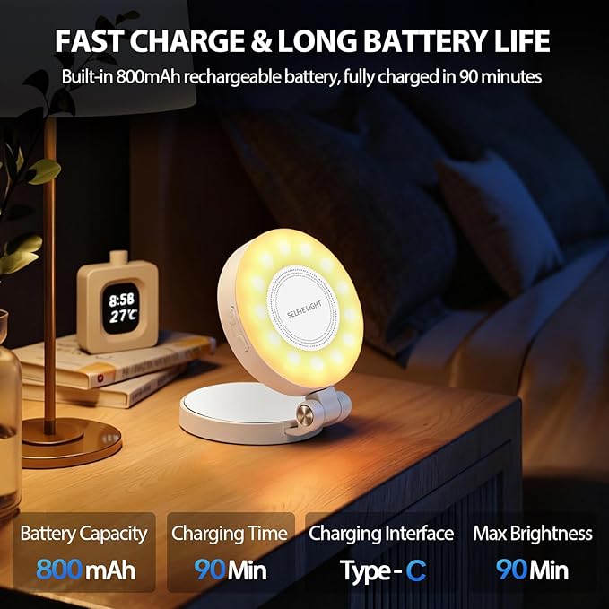 Magnetic Selfie Light for MagSafe iPhone: 3 Light Modes, Rechargeable 360° Rotatable LED Phone Ring Fill Light with Mirror for Photography, Makeup, TikTok, Zoom, Video Conference, Black