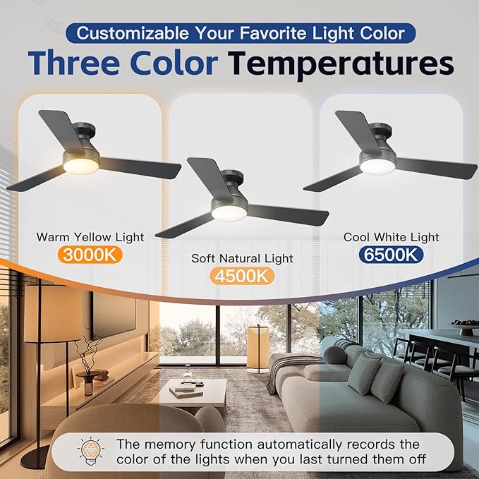 Ceiling Fans with Lights, 42 Inch Ceiling Fan with Light And Remote, 3CCT Flush Moun Low Profile Ceiling Fans, 6 Speed Noiseless LED Ceiling Fan, Black Ceilings Fan with Remote for Bedroom Living Room
