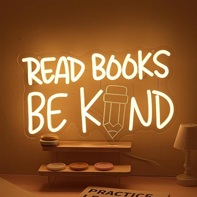 Read Books And Be Kind Neon Sign for Wall Decor Warm White Read Books Neon Light Dimmable Classroom LED Light up Signs for Study Room Bookstore Bedroom Classroom Library Decor