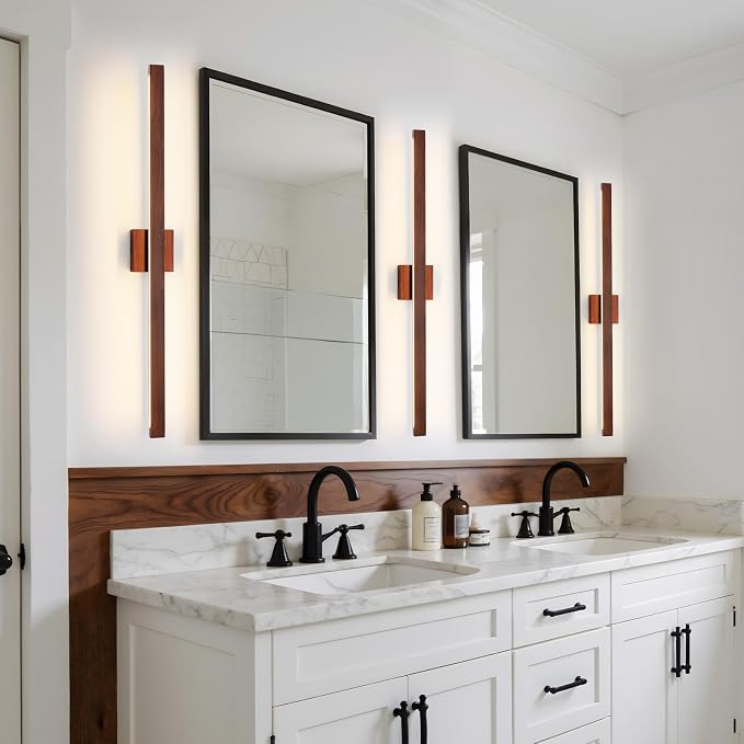 Modern Bathroom Light Fixtures Over Mirror, 39 Inch Brown Wood Finish Vanity Light Bar 30W Dimmable 5CCT LED Vanity Lights for Bathroom Wall Lighting Fixtures Over Mirror