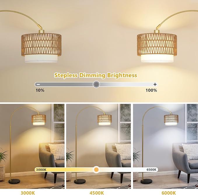 Arc Floor Lamp for bedroom with Rattan & Linen Shades, Gold Floor Lamp with Remote & Dimming Bulb, Rustic Standing Lamp with 3 Color Temperatures, Adjustable Height Farmhouse Tall Lamp for Living Room