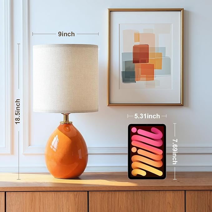 18.5" Table Lamp Set of 2 for Living Room Bedroom, Bedside Lamps for Night Stands, Desk Nightstand Lamp Dimmable, Modern Linen Cream Ceramic Lamps (Orange)