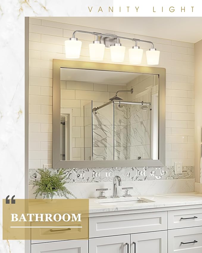 Bathroom Light Fixtures Over Mirror, 5-Light Brushed Nickel Vanity Lighting Fixtures with Milk White Glass, 38inch Farmhouse Wall Sconces Lighting, AD-22004-5W-SN