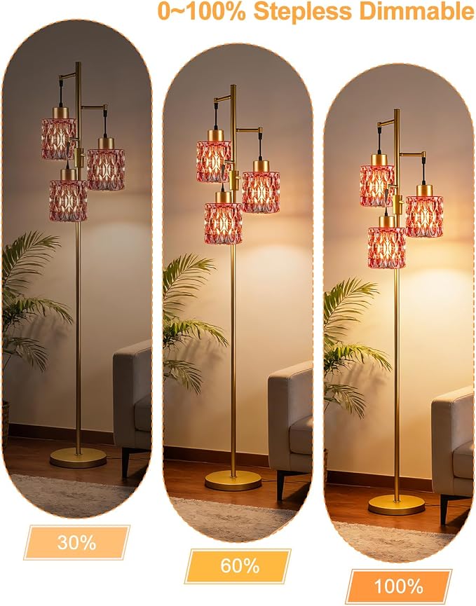 Lightdot 67" 3-Light Glass Floor Lamp for Living Room, Dimmable with Deep Red Glass Shade & E12 Bulbs Included, Mid Century Standing Tall Lamp with 5Lbs Heavy Base for Bedroom/Sofa Beside - Gold