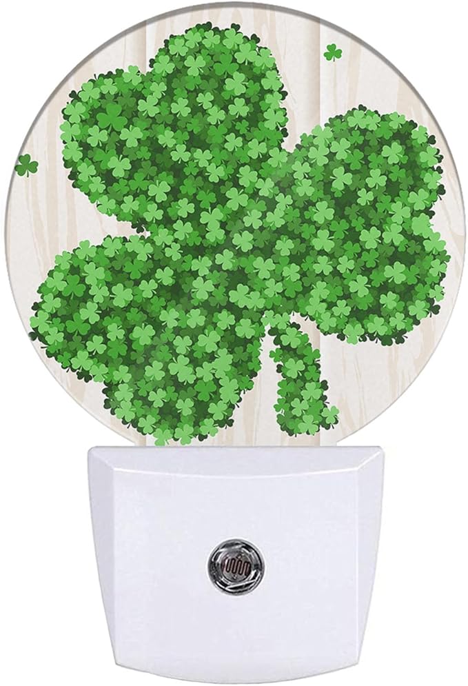 EKOBLA Green Shamrock Clover Leaf Night Lights Plug into Wall Irish St Patrick's Day Night Light Auto LED Lamp Energy Saving Round Nightlight for Boys Girls Men Women