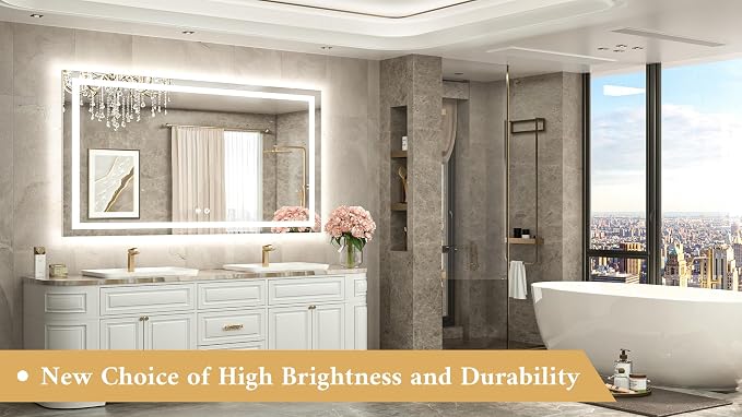 55 x 30 LED Bathroom Mirror with Frontlit and Backlit, Brighter Light up Bathroom Vanity Mirror with Lights, 3-Color Dimmable Lighted Vanity Anti Fog Mirror, Waterproof, Shatterproof