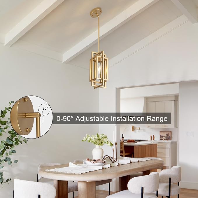 Modern Pendant Light Fixtures 2 Pack 1 Light, Gold Finish Cage Farmhouse Pendant Lights with Max 59'' Adjustable, Small Square Pendant Ceiling Hanging Light for Kitchen Island Dining Room Entryway