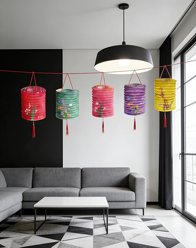 5PCS Paper Lanterns with LED Lights Valentines Day Chinese New Year'eve Spring Festival Lantern 6.3inches , Hanging Lighting Lanterns for Mid Autumn Dinner Birthday Party Decoration
