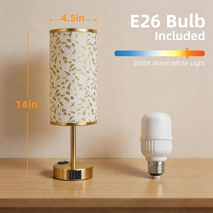 Table Lamp for Nightstand, High-Sensitivity Touch, 3-Level Dimmable Bedside Lamp with AC Outlet | USB | and USB-C, Ideal Night Stand Lamp for Bedroom, Reading, Living Room(Triangle&Gold)