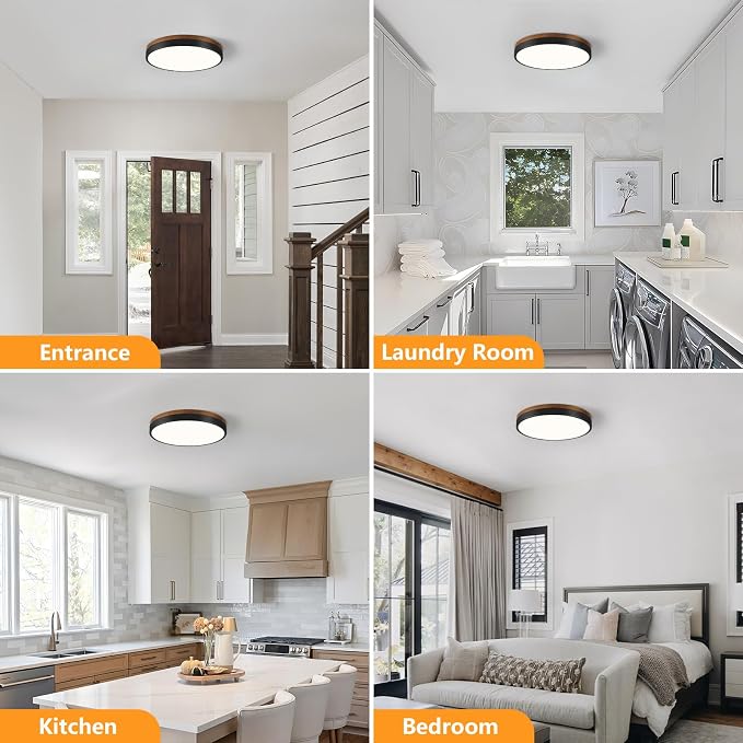 Modern Walnut Wood Black Flush Mount Ceiling Light 11.81 Inch | Round LED Low Profile Lighting Fixture For Kitchen Bedroom Bathroom Laundry Hallway Entryway Closet Living Room