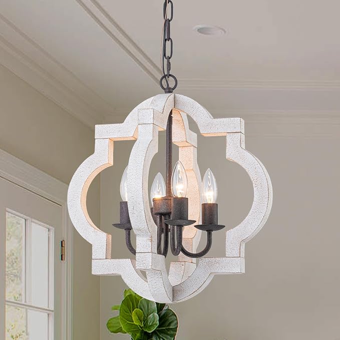 16" Farmhouse Chandelier Distressed White Wood Dining Room Light Fixture | Oak, Rustic Country Style, 4-Light Lantern Hanging Pendant Light For Foyer Entryway Kitchen Island Bedroom Stair Over Table
